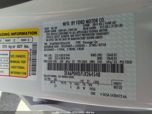 2020 FORD FUSION SE VIN: 3FA6P0HD7LR264548