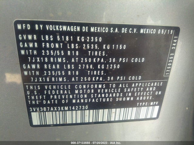 3VV3B7AX3KM142730 Volkswagen Tiguan Sel