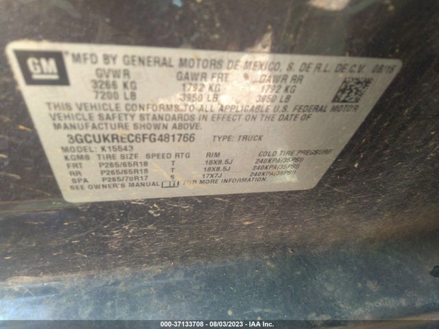 2015 CHEVROLET SILVERADO 1500 LT VIN: 3GCUKREC6FG481766