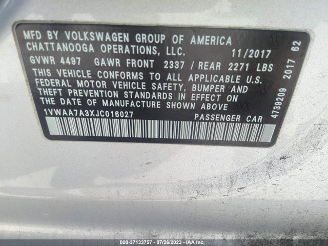 1VWAA7A3XJC016027 Volkswagen Passat 2.0t S/r-line