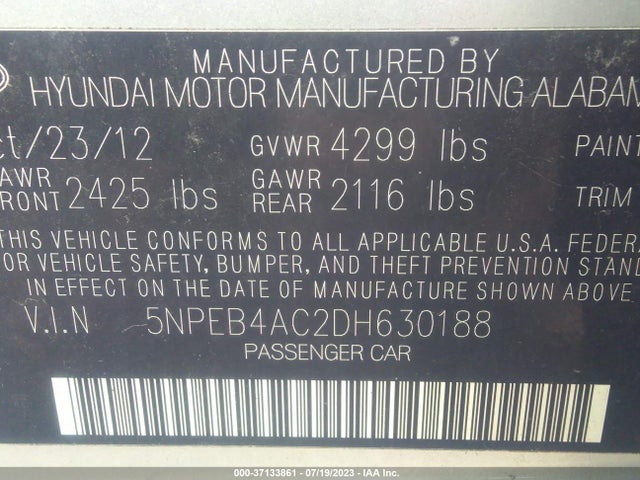 2013 HYUNDAI SONATA GLS PZEV VIN: 5NPEB4AC2DH630188