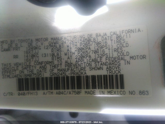 2011 TOYOTA TACOMA VIN: 3TMLU4EN1BM075951