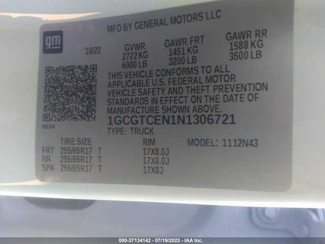 2022 CHEVROLET COLORADO 4WD LT VIN: 1GCGTCEN1N1306721