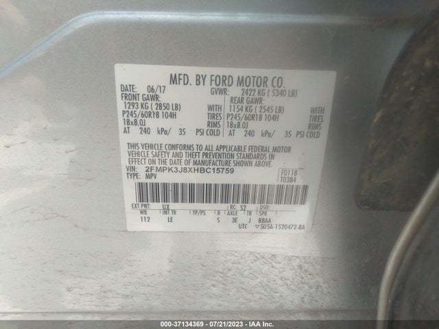 2017 FORD EDGE SEL VIN: 2FMPK3J8XHBC15759