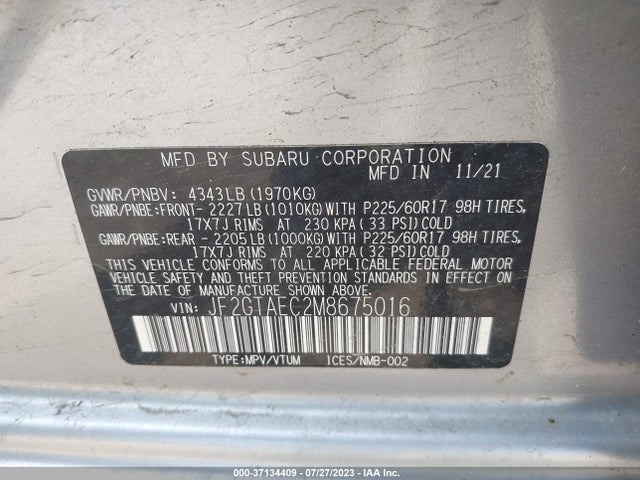 2021 SUBARU CROSSTREK PREMIUM VIN: JF2GTAEC2M8675016