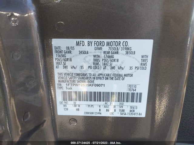 2005 FORD F-150 XLT/LARIAT/KING RANCH VIN: 1FTPW12535KF09071