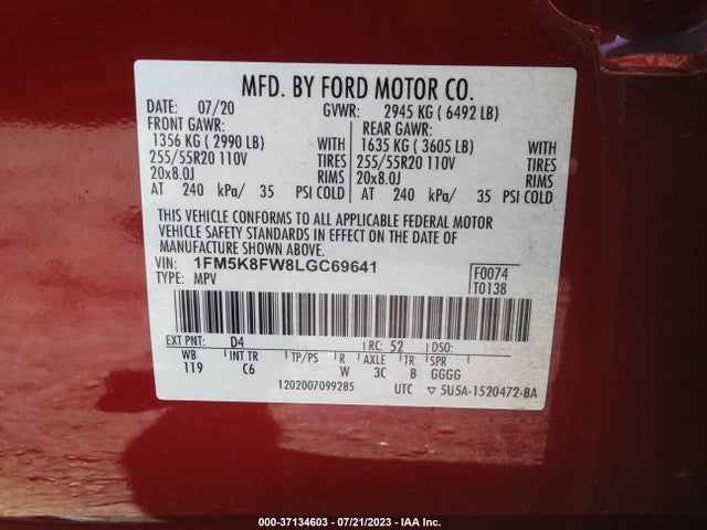 2020 Ford Explorer, VIN: 1FM5K8FW8LGC69641