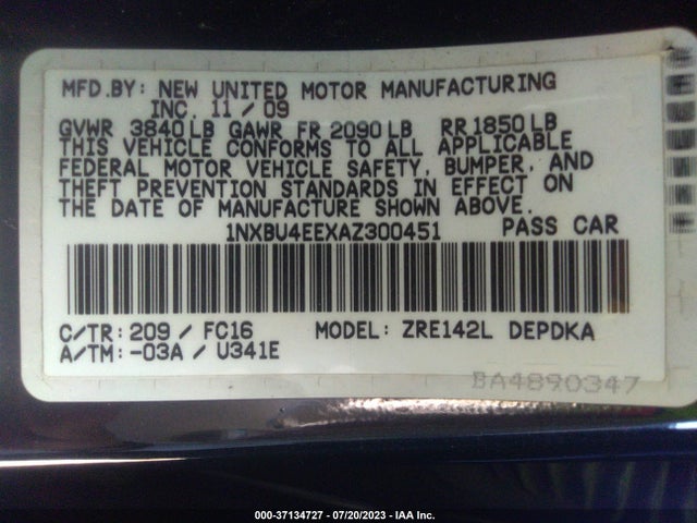 2010 TOYOTA COROLLA VIN: 1NXBU4EEXAZ300451