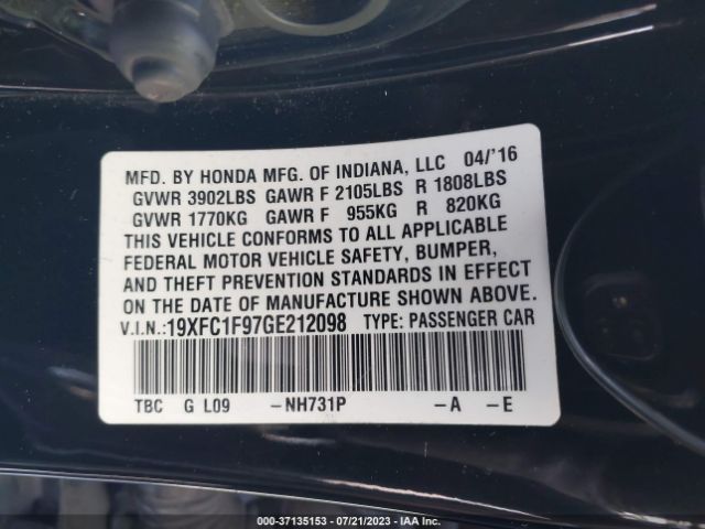 19XFC1F97GE212098 Honda Civic Sedan Touring