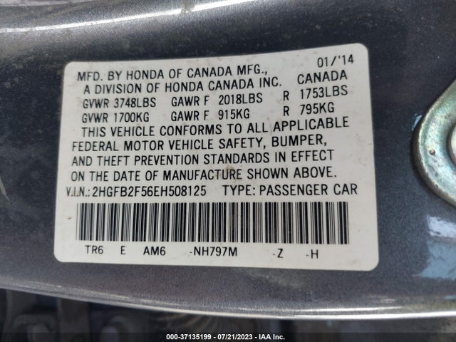 Honda Civic Sedan Lx 2014 2HGFB2F56EH508125 Image 14