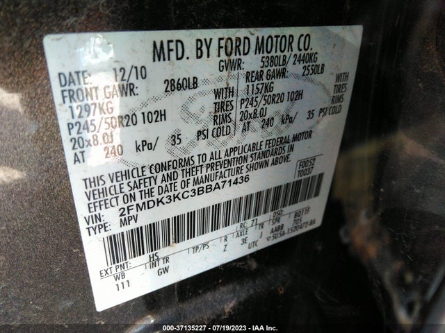 2011 FORD EDGE LIMITED VIN: 2FMDK3KC3BBA71436