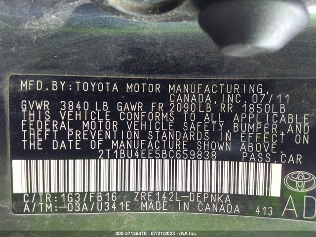 2011 TOYOTA COROLLA LE VIN: 2T1BU4EE5BC659838