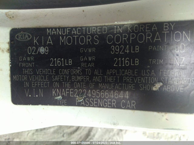 2009 KIA SPECTRA EX VIN: KNAFE222495664644