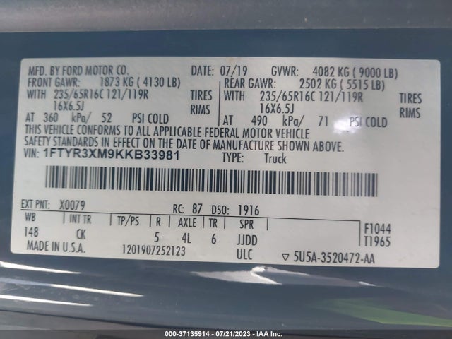 Ford TRANSIT VAN 2019 1FTYR3XM9KKB33981 Image 9