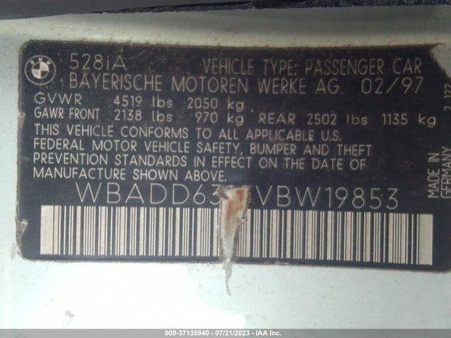 1997 BMW 5 SERIES 528IA VIN: WBADD6323VBW19853