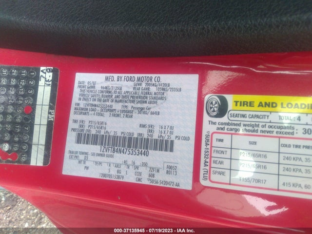 2007 FORD MUSTANG DELUXE/PREMIUM VIN: 1ZVFT84N475353440