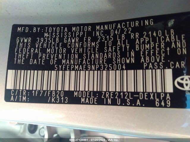 2022 TOYOTA COROLLA LE VIN: 5YFEPMAE9NP325004