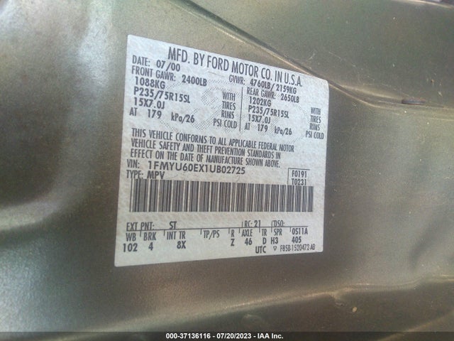 2001 FORD EXPLORER SPORT VIN: 1FMYU60EX1UB02725