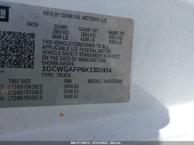 2019 CHEVROLET EXPRESS CARGO VAN VIN: 1GCWGAFP6K1302454