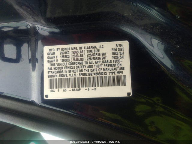 2004 HONDA ODYSSEY EX-L VIN: 5FNRL18974B086213