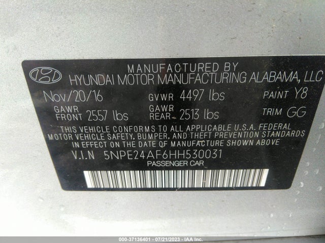 2017 HYUNDAI SONATA 2.4L VIN: 5NPE24AF6HH530031