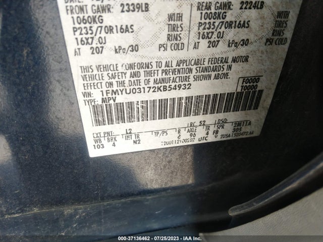2002 FORD ESCAPE XLT VIN: 1FMYU03172KB54932