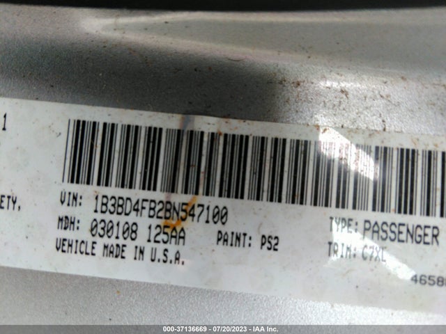 2011 DODGE AVENGER EXPRESS VIN: 1B3BD4FB2BN547100
