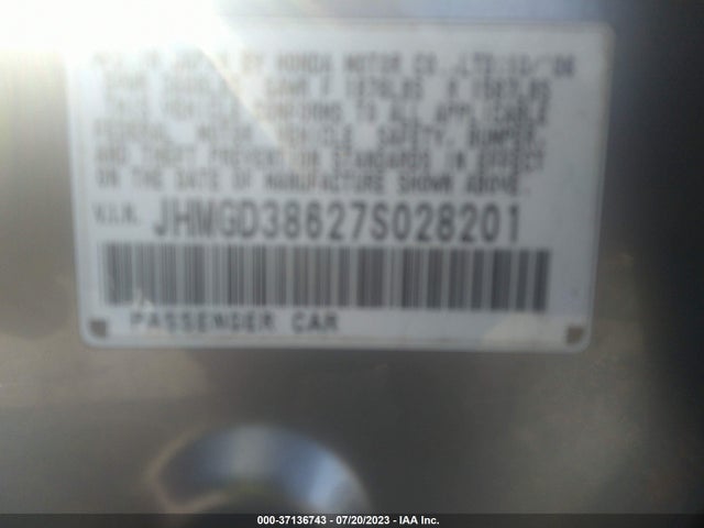 2007 HONDA FIT SPORT VIN: JHMGD38627S028201