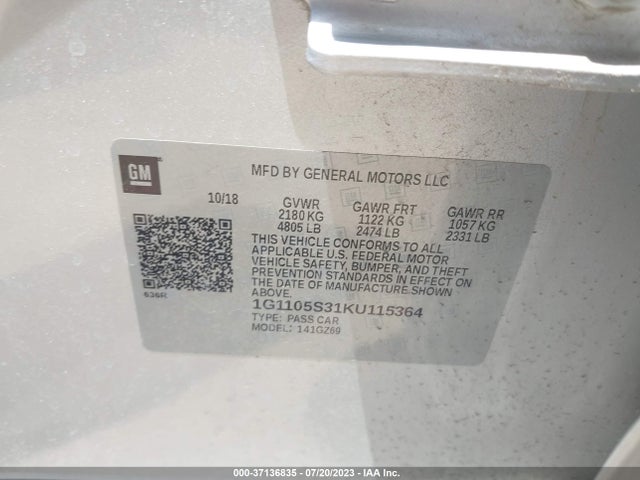 2019 CHEVROLET IMPALA PREMIER VIN: 1G1105S31KU115364