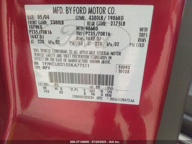 2005 FORD ESCAPE XLT VIN: 1FMCU03155KA77511