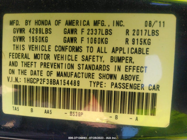 2011 HONDA ACCORD 2.4 LX VIN: 1HGCP2F38BA154489