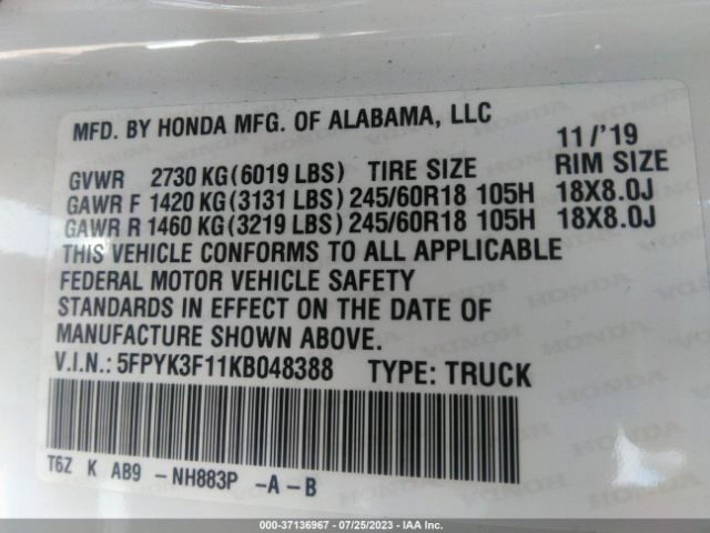5FPYK3F11KB048388 Honda Ridgeline Sport