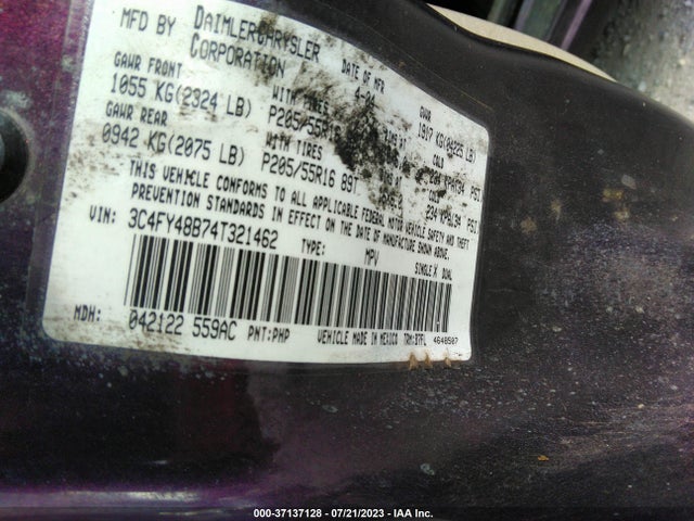 2004 CHRYSLER PT CRUISER VIN: 3C4FY48B74T321462