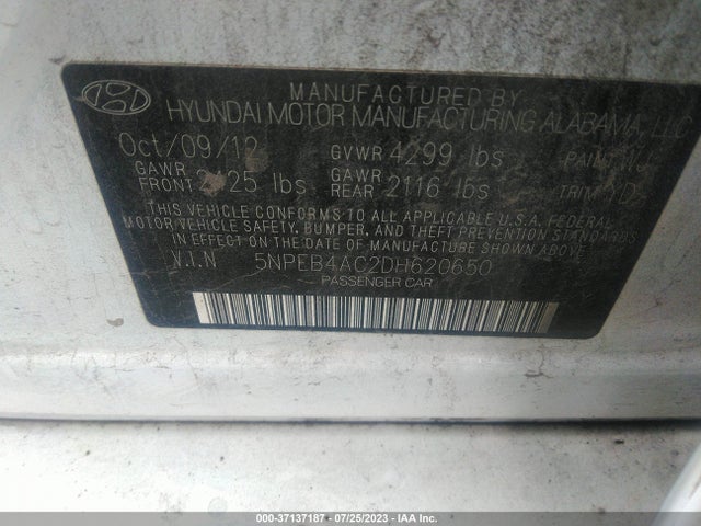 2013 HYUNDAI SONATA GLS PZEV VIN: 5NPEB4AC2DH620650