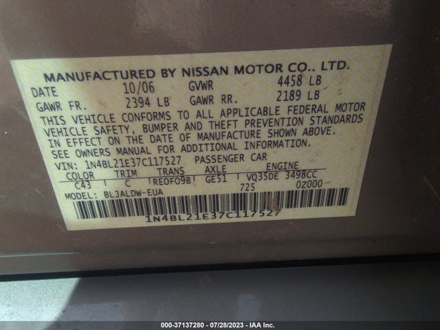 2007 NISSAN ALTIMA 3.5 SE VIN: 1N4BL21E37C117527