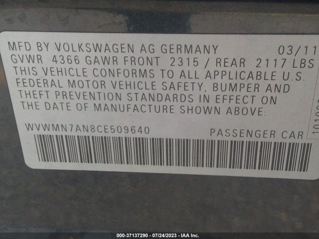 2012 VOLKSWAGEN CC SPORT VIN: WVWMN7AN8CE509640