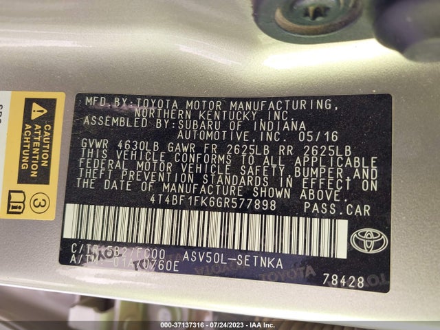 2016 TOYOTA CAMRY XLE/SE/LE/XSE VIN: 4T4BF1FK6GR577898