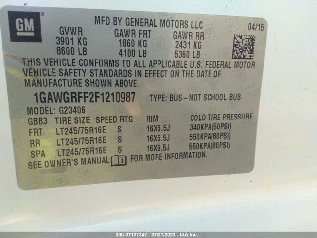 2015 CHEVROLET EXPRESS PASSENGER LT VIN: 1GAWGRFF2F1210987