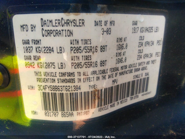 2003 CHRYSLER PT CRUISER TOURING VIN: 3C4FY58B63T621384
