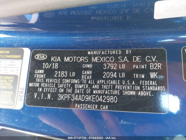 3KPF34AD9KE042980 KIA FORTE S
