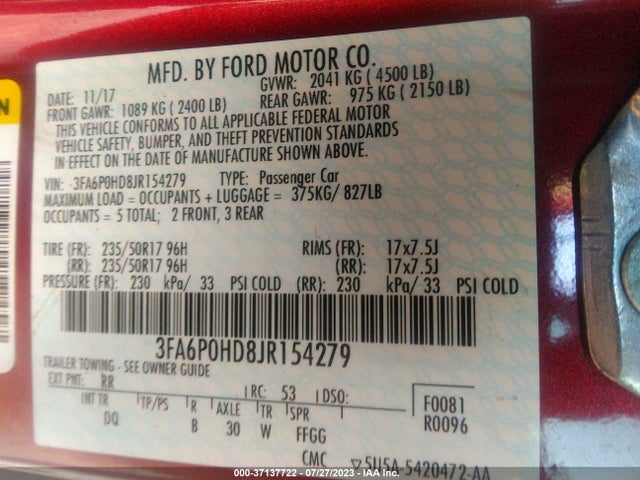 Ford FUSION SE 2018 3FA6P0HD8JR154279 Image 9