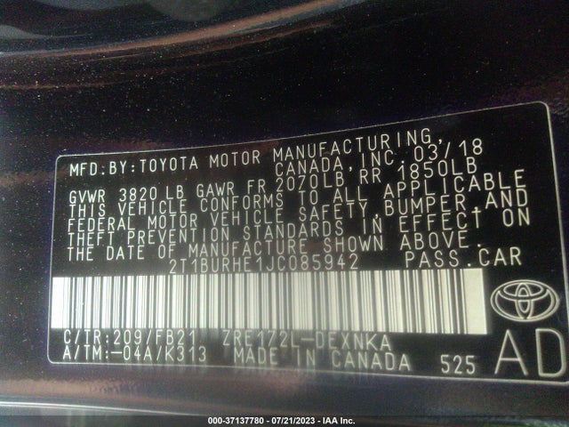 2018 TOYOTA COROLLA L/LE/XLE/SE/XSE VIN: 2T1BURHE1JC085942
