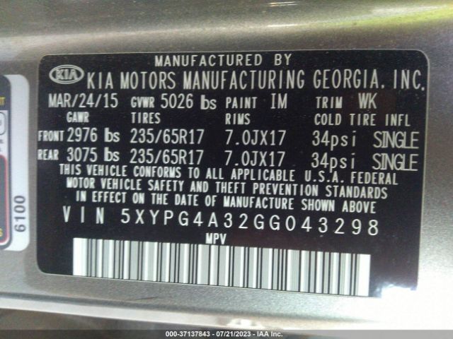5XYPG4A32GG043298 KIA SORENTO LX