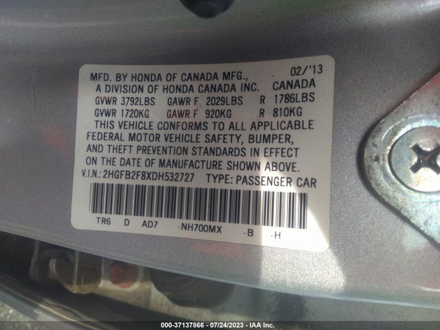 2013 HONDA CIVIC SDN EX VIN: 2HGFB2F8XDH532727