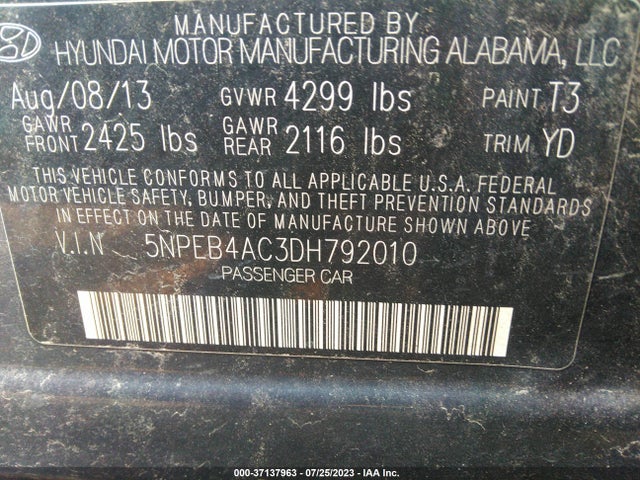 2013 HYUNDAI SONATA GLS VIN: 5NPEB4AC3DH792010