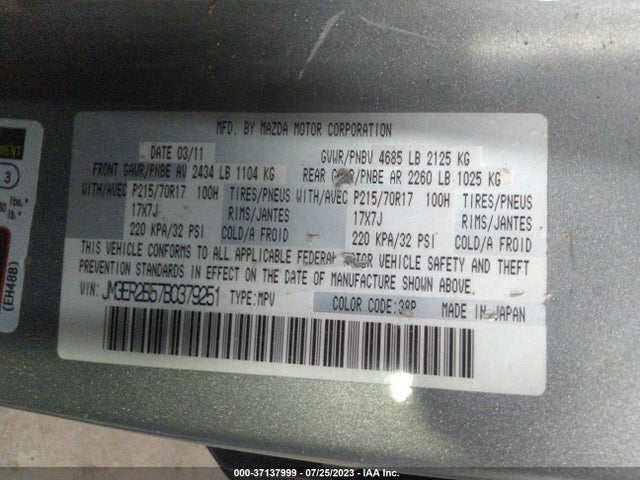 2011 MAZDA CX-7 I SPORT VIN: JM3ER2B57B0379251