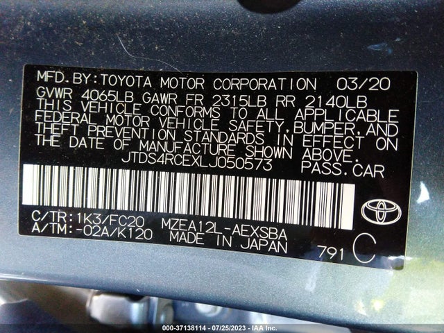 2020 TOYOTA COROLLA SE/NIGHTSHADE VIN: JTDS4RCEXLJ050573