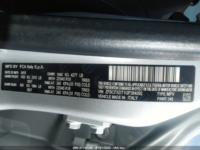 2016 FIAT 500X LOUNGE VIN: ZFBCFXDT1GP384092
