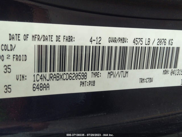2012 JEEP PATRIOT NORTH VIN: 1C4NJRABXCD620598
