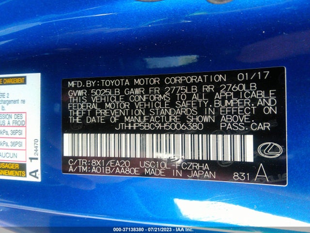 2017 Lexus RC, VIN: JTHHP5BC9H5006380